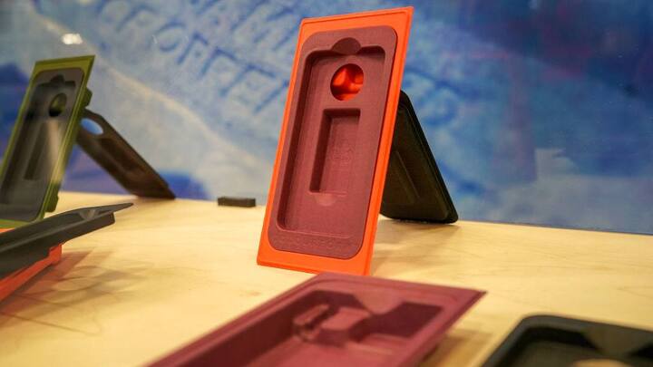 KENDAL, ENGLAND - APRIL 17:  Packaging made from recycled papaer cups using the COLOURFORM process is displayed at James Cropper recycling plant on April 17, 2018 in Kendal, England.