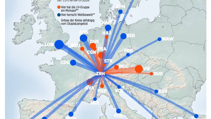 Strecken von Zürich nach Europa im Winter 2017