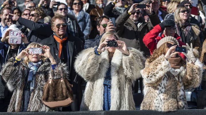Visitors wearing fur coats take pictures, pictured at the White Turf in St. Moritz, Switzerland, on February 23, 2014. At the White Turf, among other horse races, there is also a skijoring race. (KEYSTONE/Christian Beutler)Zuschauerinnen im Pelzmantel sind am Fotografieren, aufgenommen am White Turf in St. Moritz am Sonntag 23. Februar 2014. Am White Turf findet unter anderem das Skijoering-Rennen statt. (KEYSTONE/Christian Beutler)