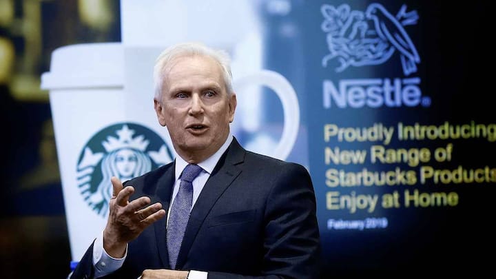 Patrice Bula, Nestle Executive Vice President and Head of Strategic Business Units, Marketing, Sales and Nespresso, addresses a news conference to announce that Nestle will sell Starbucks-branded coffee at grocery stores in Europe, Asia and Latin America at the company's headquarters in Vevey, Switzerland February 13, 2019. REUTERS/Arnd Wiegmann - RC1A542B74B0