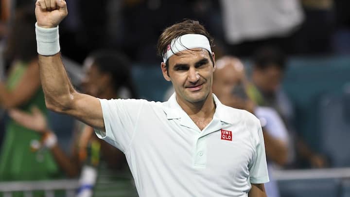 Roger Federer, of Switzerland, celebrates his 6-2, 6-4 win over Denis Shapovalov, of Canada, during the semifinals of the Miami Open tennis tournament Friday, March 29, 2019, in Miami Gardens, Fla. (AP Photo/Jim Rassol)