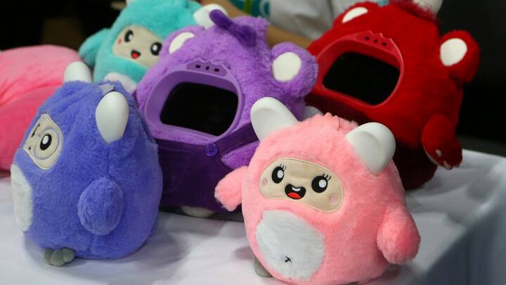 Woobo Inc. displays their stuffed animal interactive companion robots for kids that can answer questions and has other educational content, shown here at the CES Unveiled at CES International Sunday, Jan. 6, 2019, in Las Vegas. (AP Photo/Ross D. Franklin)