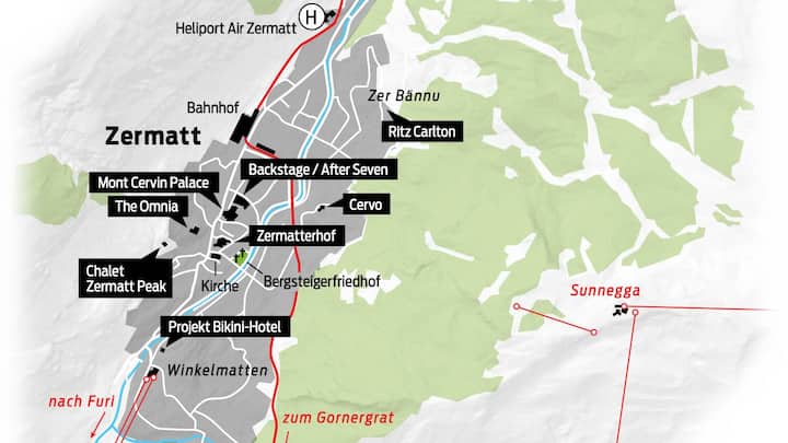 Grafik Zermatt mit Hotels und Bars