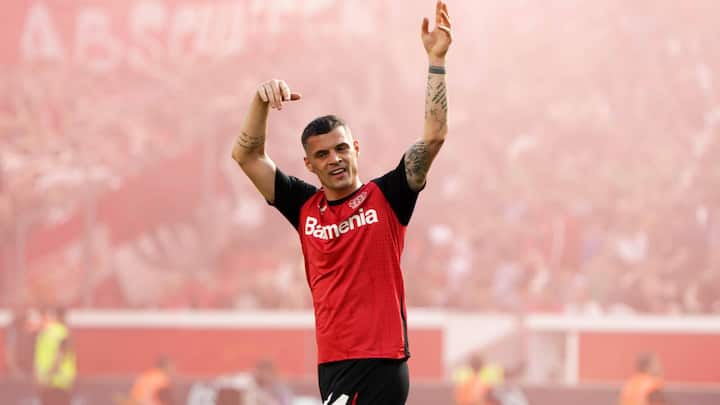 Fussball, 1 Bundesliga, Saison 2024/2025, Bayer 04 Leverkusen- 1.FC Union Berlin 12.04.2025, Bayarena Leverkusen Granit Xhaka , Bayer 04 Leverkusen, Aktion, Einzelbild *** Football, 1 Bundesliga, Season 2024 2025, Bayer 04 Leverkusen 1 FC Union Berlin 12 04 2025, Bayarena Leverkusen Granit Xhaka , Bayer 04 Leverkusen, Action, Single image