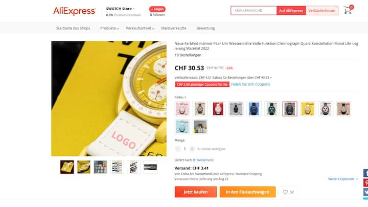 Auf Aliexpress sind gefälschte Moonswatch-Uhren in allen Farben und Modellen erhältlich