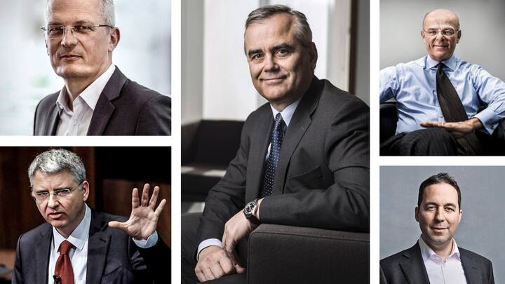 Der neue Lonza-Chef Pierre-Alain Ruffieux, der frisch eingebürgerte Roche-CEO Severin Schwan, CS-Chef Thomas Gottstein, Schweizer in spe Mario Greco («Zürich») und der Zürcher Swiss-Re-Chef Christian Mumenthaler (von links oben).