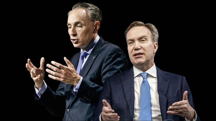 <p>Axa-Chef Thomas Buberl (l.) und WEF-CEO Børge Brende unterstützten die harte Linie Brabecks.</p>