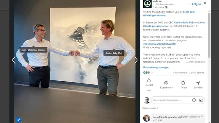 <p>Da feiern sie noch zusammen auf Linkedin: BLKB-Chef John Häfelfinger (links) und Radicant-Chef Andres Bally (Aufnahme von 17. Januar 2023). </p>