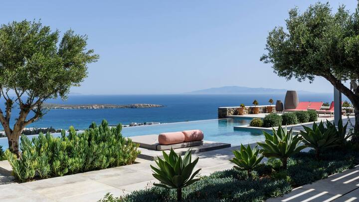 Vom Pooldeck, bepflanzt mit Kakteen und Olivenbäumen, geniesst man freien Blick aufs Meer und auf die Inseln Ios und Naxos.