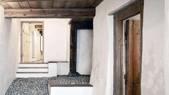 <p>Bei einem ehemaligen Stalleingang wurde das alte Kopfsteinpflaster belassen. Darunter verbirgt sich aber eine moderne Fussbodenheizung.</p>