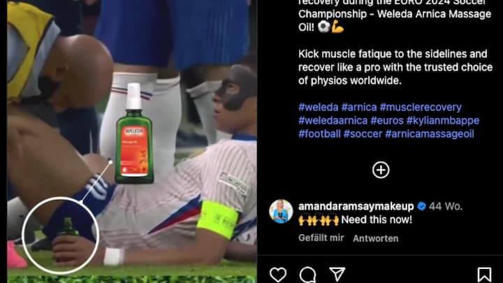 <p>Fussballstar Kylian Mbappé mit Massageöl von Weleda.</p>
