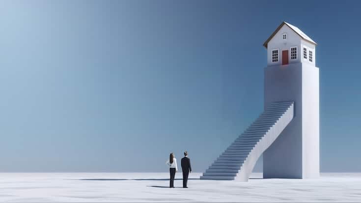 Mann und Frau vor abgesperrtem Haus -  93 Prozent der Haushalte können sich kein Wohneigentum mehr leisten. Schuld sind knallharte Finanzierungsregeln und die Fehler der Raumplanung