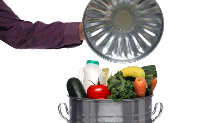 Dust bin full of fresh food, studio shot.