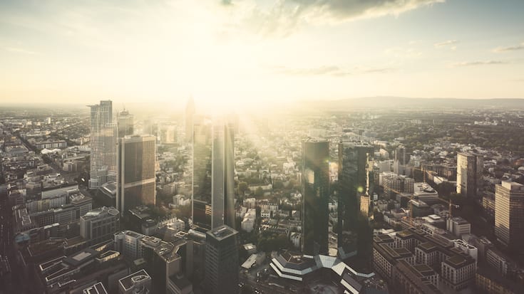 View of Frankfurt skyline at sunset.