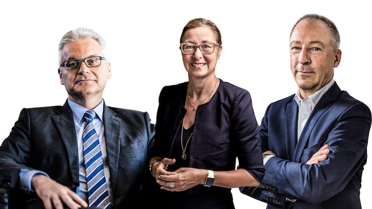 Riet Cadonau (l.), CEO und VR-Präsident Dormakaba, Jeannine Pilloud, CEO und VR-Präsidentin Ascom, Jens Alder, CEO und VR-Präsident Alpiq.