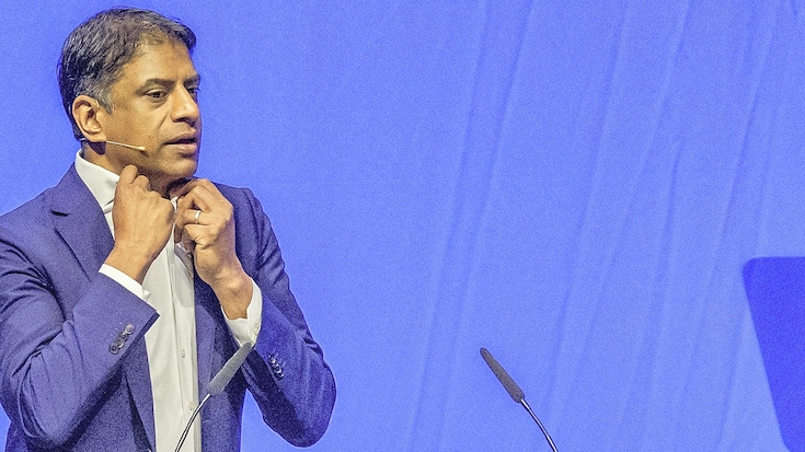 CEO of Novartis, Vas Narasimhan speaks during the general assembly of Swiss Pharma group Novartis, at the St. Jakobshalle in Basel, Switzerland, this Friday, March 7, 2025. (KEYSTONE/Urs Flueeler).