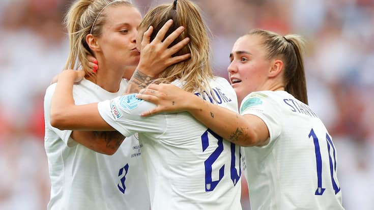 LONDON, ENGLAND - JULY 31: Ella Toone of England celebrates with teammates Rachel Daly and Georgia Stanway after scoring their team's first goal during the UEFA Women's Euro 2022 final match between England and Germany at Wembley Stadium on July 31, 2022 in London, England. (Photo by Lynne Cameron - The FA/The FA via Getty Images)