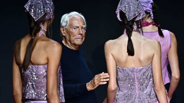 Italian designer Giorgio Armani walks the runway of the Emporio Armani fashion show during the Milan Fashion Week Womenswear Spring/Summer 2024 on September 21, 2023 in Milan. (Photo by GABRIEL BOUYS / AFP)