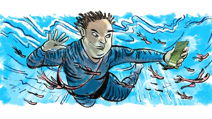 Illustration Marc Kowalsky taucht unter Wasser und hält das Pixel 7 in der Hand.