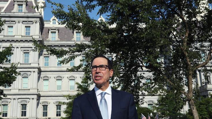WASHINGTON, DC - JULY 24: U.S. TreasuryÂ SecretaryÂ StevenÂ Mnuchin speaks to reports after participating in a television interview on the North Lawn of the White House on July 24, 2019 in Washington, DC. Mnuchin spoke about the recent budget deal with Congressional leaders. (Photo by Mark Wilson/Getty Images)