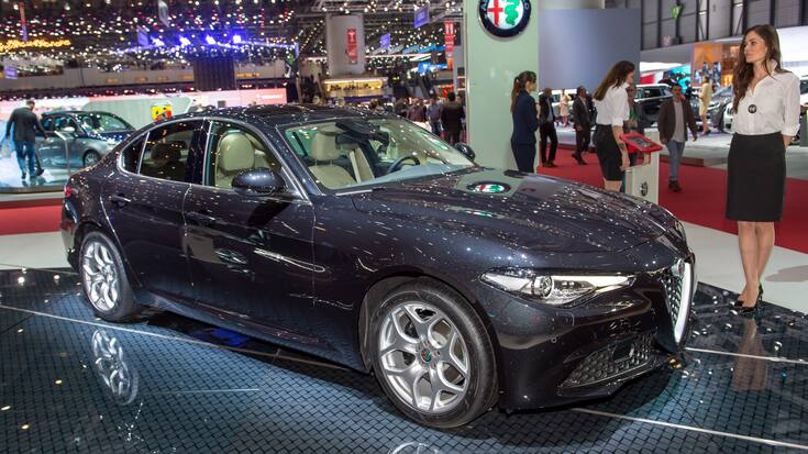 GENEVA, SWITZERLAND - MARCH 07: Alfa Romeo Giulia is displayed at the 88th Geneva International Motor Show on March 7, 2018 in Geneva, Switzerland. Global automakers are converging on the show as many seek to roll out viable, mass-production alternatives to the traditional combustion engine, especially in the form of electric cars. The Geneva auto show is also the premiere venue for luxury sports cars and imaginative prototypes. (Photo by Robert Hradil/Getty Images)