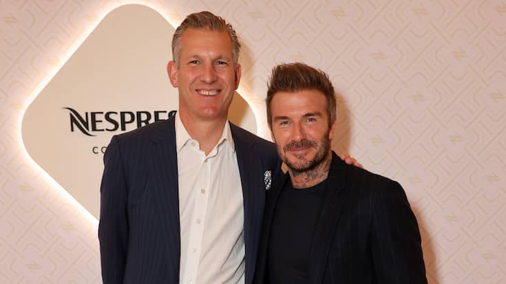 LONDON, ENGLAND - MAY 08: Philipp Navratil and David Beckham attends the launch of Nespresso's new flagship boutique in Covent Garden on May 08, 2025 in London, England. (Photo by Dave Benett/Max Cisotti/Dave Benett/Getty Images for Nespresso)