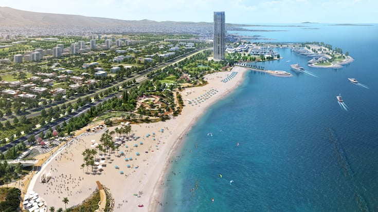 Wohnüberbauung «The Ellinikon» in Athen mit dem Riviera Tower und Yachthafen oben rechts (Visualisierung: Lamda Development).