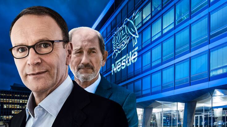 Nestlé-CEO Mark Schneider (l.) und Chairman Paul Bulcke wollen ihrer Aktie wieder Auftrieb geben.
