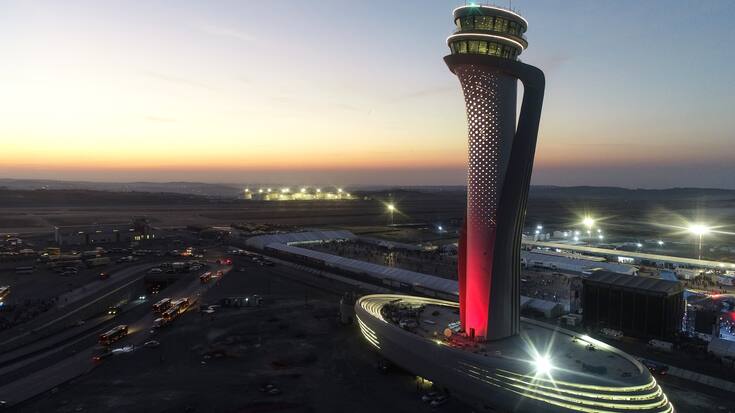 ISTANBUL, TURKEY - SEPTEMBER 23 : Air traffic control tower of Istanbul New Airport is seen during sunset in Istanbul, Turkey on September 23, 2018. (Photo by Muhammed Enes Yildirim/Anadolu Agency/Getty Images)
