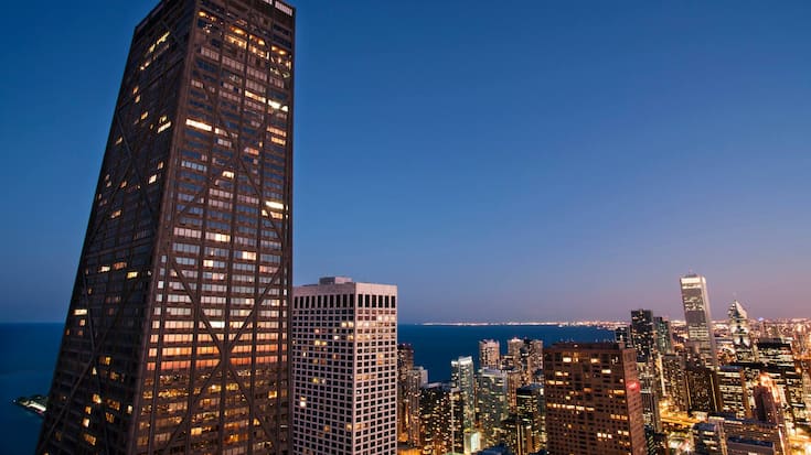 JOHN HANCOCK TOWER LOOP SKYLINE FROM 900 NORTH MICHIGAN ROOFTOP 
