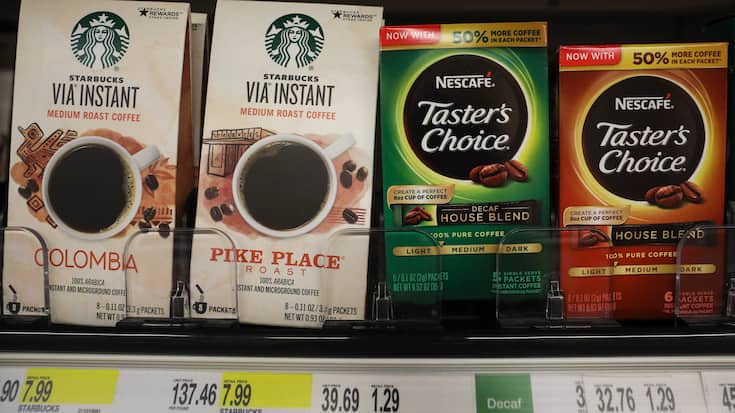 NEW YORK, NY - MAY 7: Starbucks and Nestle coffee products sit on the shelf in a Target store in Lower Manhattan, May 7, 2018 in New York City. Marking the third largest transaction in Nestle's 152-year history, the Swiss food and drink company is spending over $7 billion for the rights to market and sell Starbucks products. (Photo by Drew Angerer/Getty Images)
