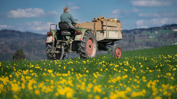 Bauer mit Traktor auf Wiese