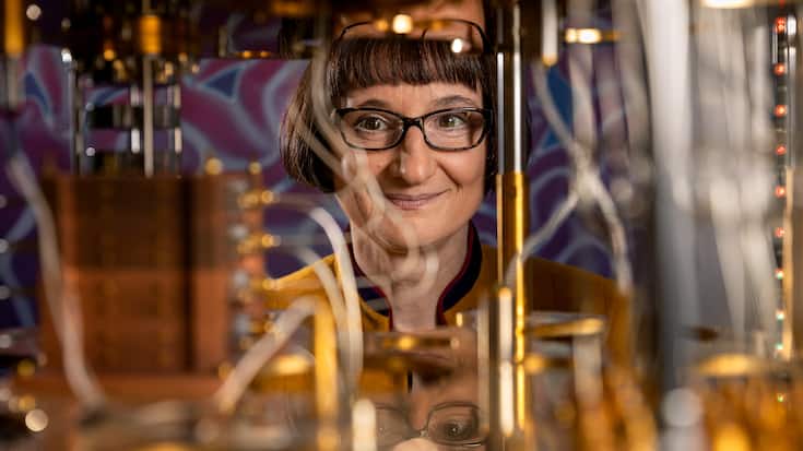 Heike Riel blickt im IBM-Labor in Rüschlikon durch das Innere eines Quantencomputers.