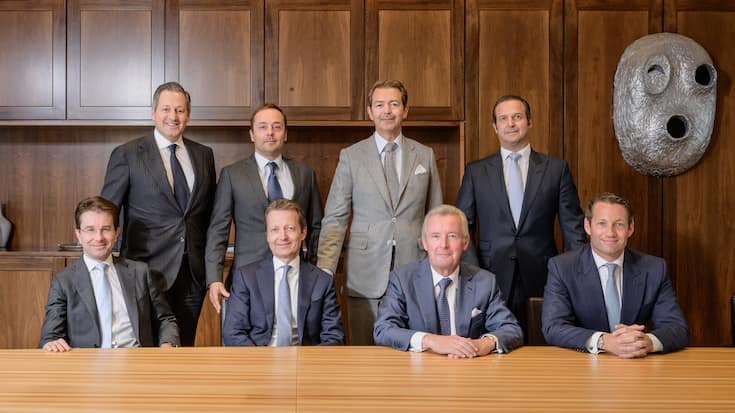 Die Pictet-Teilhaber (von links oben): Boris Collardi, Bertrand Demole, Rémy Best, Laurent Ramsey, Sébastien Eisinger, Renaud de Planta, Nicolas Pictet, Marc Pictet.
