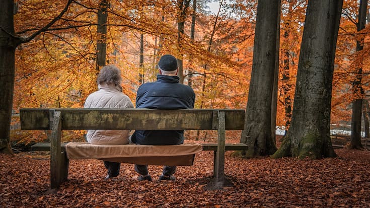 Ein älteres Ehepaar geniesst die Ruhe im Wald.