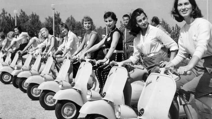 Transport, Scooters, pic: circa 1955, A line up of Vespa motor scooters with young ladies (Photo by Popperfoto via Getty Images/Getty Images)