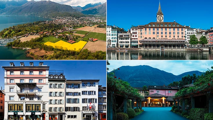 BÜHRLE-BESITZ  Die Terreni alla Maggia in Ascona und Storchen in Zürich (oben), Widder in Zürich und die Hotels Castello del Sole in Ascona (unten)