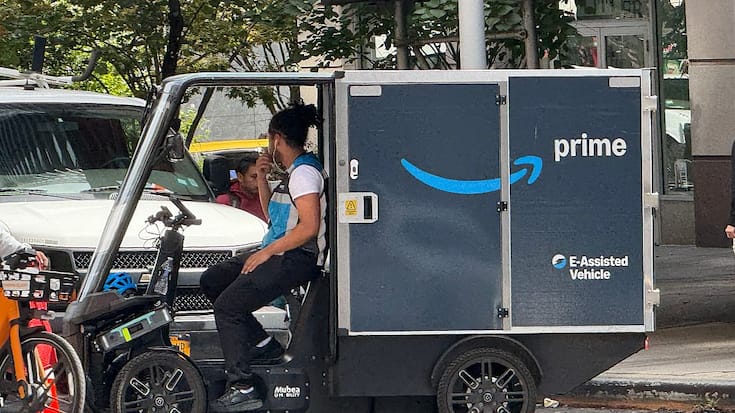 Amazon Prime pedicab delivery person on New York City Streets, Manhattan