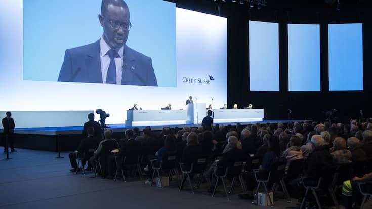 Tidjane Thiam, CEO of Switzerland's bank Credit Suisse (CS), speaks during the general assembly at the Hallenstadion in Zurich, Switzerland, Friday, April 26, 2019. (KEYSTONE/Ennio Leanza)