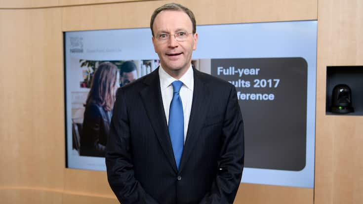 Nestle's CEO Ulf Mark Schneider poses for photographers ahead of the 2017 full-year results press conference of the food and drinks giant Nestle, in Vevey, Thursday, February 15, 2018. Photographers were not allowed to follow the press conference. (KEYSTONE/Laurent Gillieron)