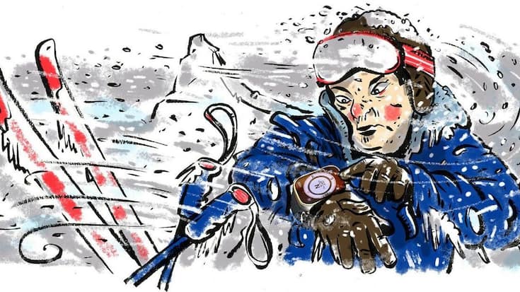 Illustration von Marc Kowalsky auf Skiern in einem Schneesturm mit der Apple Watch am Handgelenk.