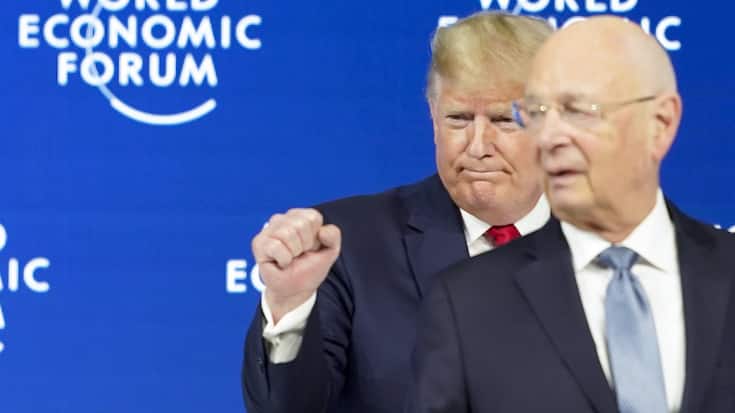 US President Donald Trump, left, and German Klaus Schwab, right, Founder and Executive Chairman of the World Economic Forum, WEF, leave the stage after addressing a plenary session during to the 50th annual meeting of the World Economic Forum, WEF, in Davos, Switzerland, Tuesday, January 21, 2020. The meeting brings together entrepreneurs, scientists, corporate and political leaders in Davos from January 21 to 24. (KEYSTONE/Gian Ehrenzeller)