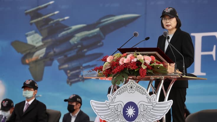 epa09588425 President Tsai Ing-wen speaks during the Taiwan Air Force F-16V commission ceremony inside the airbase of Chiayi, Taiwan, 18 November 2021. President Tsai attend the commissioning of the Air Force's first 42 F-16V upgraded fighter jets. Taiwan has purchased 66 new F-16Vs from the United States. While waiting for the arrival of the aircraft, Taiwan air force has been upgrading the electronics system of its 141 F-16A/B aircraft to F-16Vs. EPA/RITCHIE B. TONGO