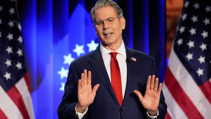 Scott Bessent, US Secretary of the Treasury, holds a speech at the USA House during the Annual Meeting of the World Economic Forum in Davos, Switzerland, Tuesday, Jan. 20, 2026. (AP Photo/Markus Schreiber)
