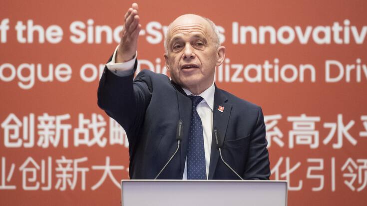 Swiss president Ueli Maurer speaks during the first Sino-Swiss high-level platform meeting in Zurich, Switzerland, on Monday, January 21, 2019. The business event, which forms part of the innovative strategic partnership between the two countries, will focus on the theme "Digitalisation Drives Innovation. (KEYSTONE POOL/Ennio Leanza)