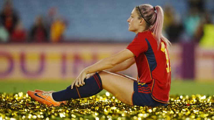 Spain's Alexia Putellas sits on the pitch at the end of the Women's World Cup soccer final between Spain and England at Stadium Australia in Sydney, Australia, Sunday, Aug. 20, 2023. Spain won 1-0. (AP Photo/Abbie Parr).Australia