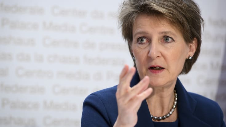 Swiss Federal president Simonetta Sommaruga briefs the media about the latest measures to fight the Covid-19 Coronavirus pandemic, in Bern, Switzerland, Monday, March 16, 2020.(KEYSTONE/Anthony Anex)