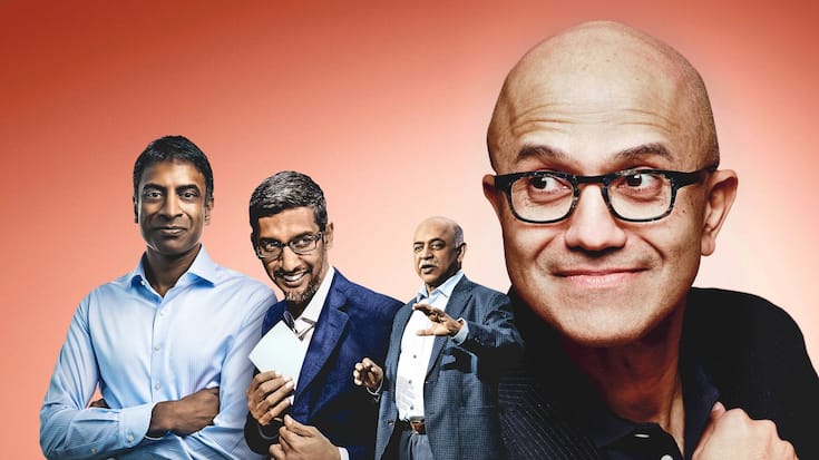 Satya Nadella ( Microsoft, oben), Vas Narasimhan (Novartis), Sundar Pichai (Google), Arvind Krishna (IBM), von links.