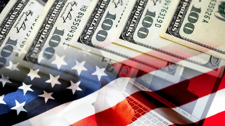 American flag, business people and cash dollar bills - Economics chart