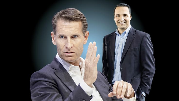 <p>Partners Group unter Präsident Steffen Meister (l.) und CEO David Layton verlor seit Februar massiv an Wert – trotz guter Zahlen.</p>